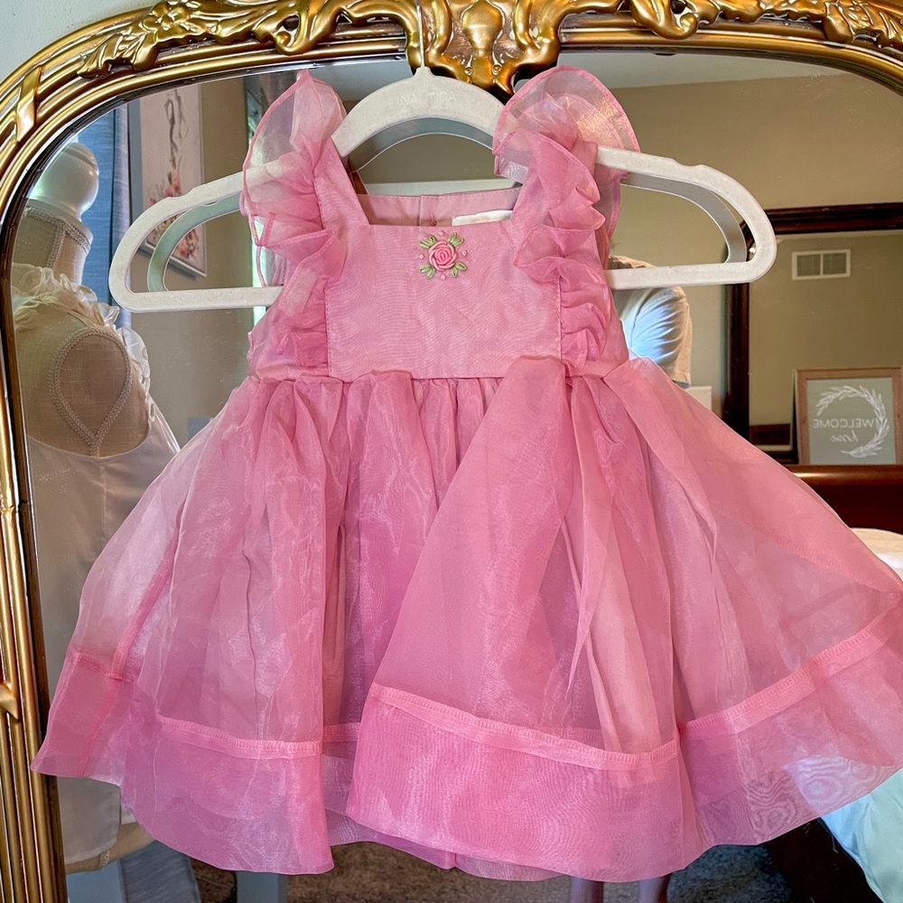 Dollcake Pink Ruffled Organza Formal Dress with Rose Applique